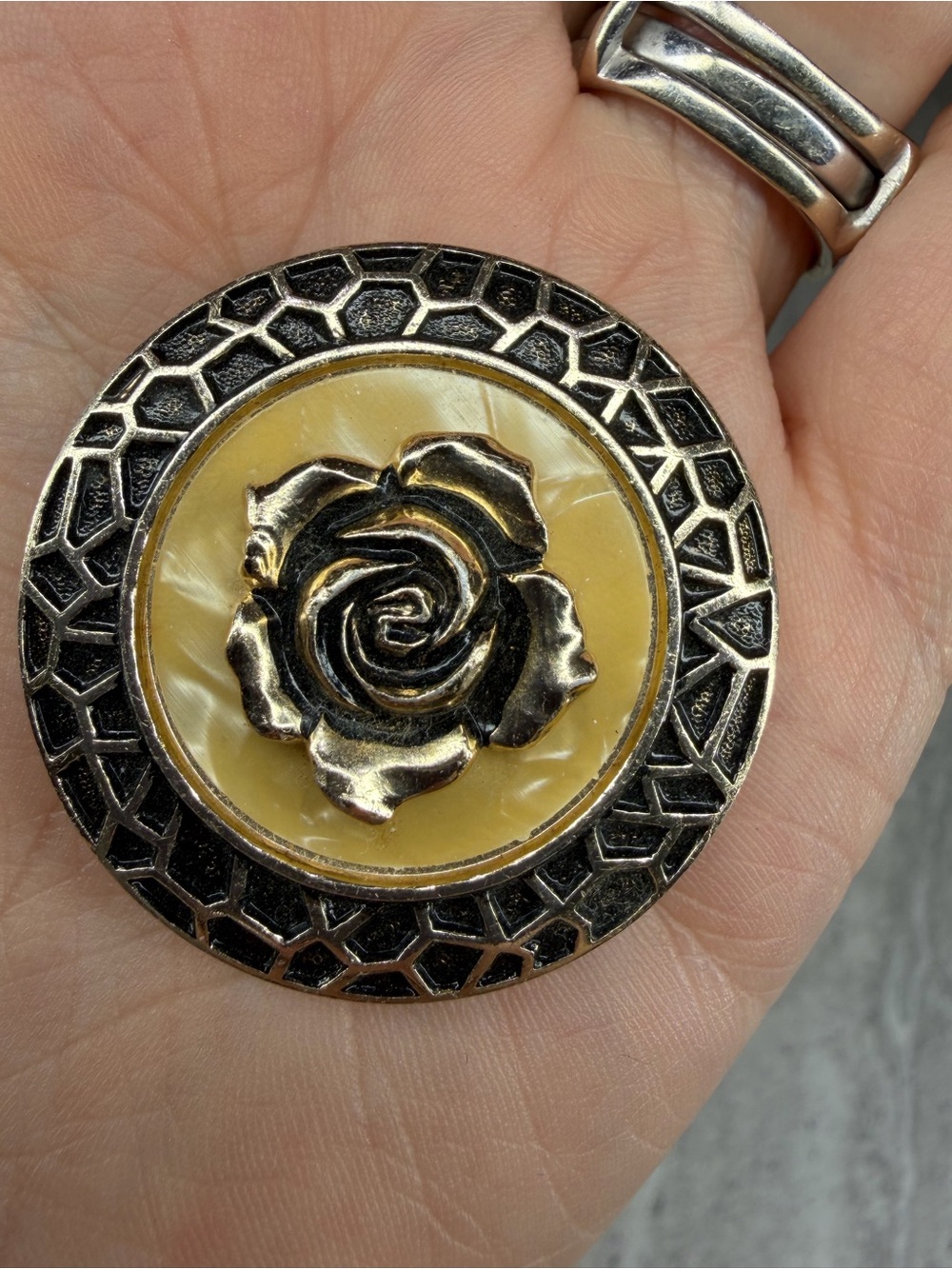 Vintage Mid Century Scarf Clip Floral Flower Camilla Rose Gold Black Enamel MCM